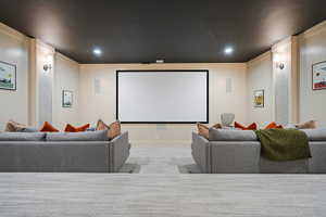 Cinema room with light colored carpet and recessed lighting