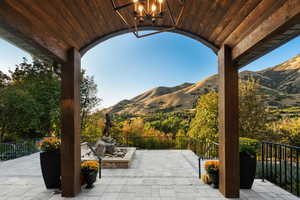 View of patio / terrace featuring a mountain view