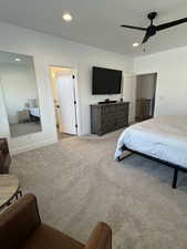 Bedroom featuring recessed lighting, carpet floors, and a ceiling fan