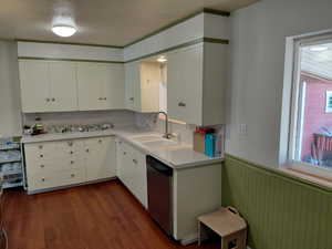 Kitchen with light countertops, white cabinetry, dishwasher, a wainscoted wall, and dark wood-type flooring