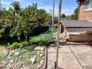 View of backyard, covered basement entrance and covered patio