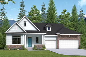 View of front of property with brick siding, a front yard, concrete driveway, and an attached garage