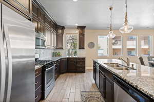 Kitchen featuring stainless steel appliances, dark brown cabinetry, pendant lighting, wood finish floors, and decorative backsplash