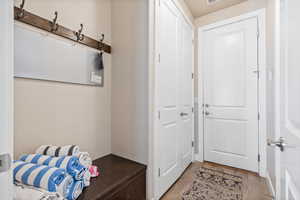 Doorway with wood finished floors