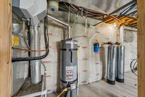 Utility room featuring secured water heater and heating unit