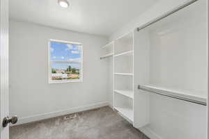 Walk in closet featuring light carpet