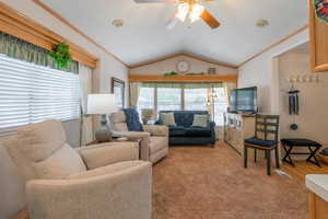 Living room featuring vaulted ceiling, ceiling fan, light carpet, ornamental molding, and a textured ceiling