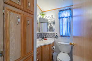 Full bathroom with tasteful backsplash, crown molding, and vanity