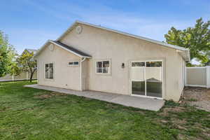 Back of house featuring stucco siding and a patio