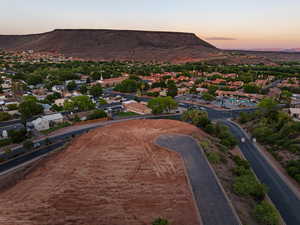 Aerial view at dusk of a residential view and a mountain view