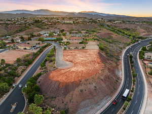 Aerial view at dusk of a residential view and a mountain view