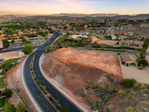 Aerial view at dusk of a residential view and a mountain view