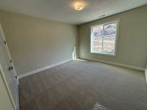 Bedroom with carpet and a textured ceiling