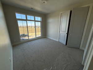 Unfurnished bedroom featuring carpet floors and a textured ceiling