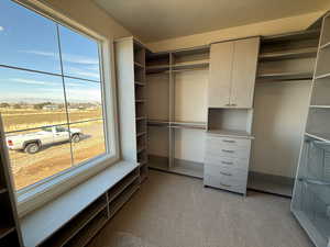 Walk in closet with light carpet