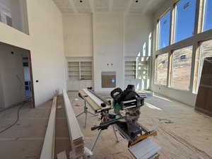 Living room featuring a high ceiling and built in shelves