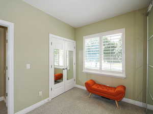 Living area featuring carpet flooring and french doors