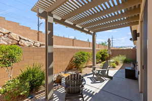 Fenced backyard with a patio area and a pergola