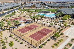 Aerial view of residential area with a pool area