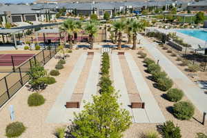 Aerial view of residential area with a pool area