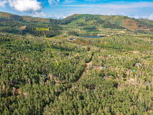 Drone / aerial view of a heavily wooded area and a water and mountain view