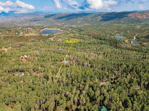 Aerial view of property and surrounding area with a forest and a water and mountain view