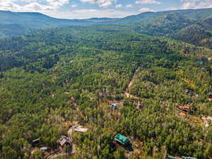Aerial view of mountains and a heavily wooded area
