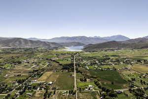 Overview of rural landscape with a water and mountain view