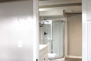Full bathroom featuring vanity, a shower stall, and wood finished floors