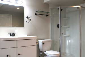 Full bathroom with a shower stall and vanity
