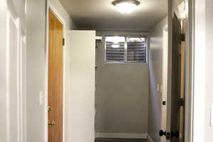 Hall featuring baseboards and dark wood finished floors along with storage shelves