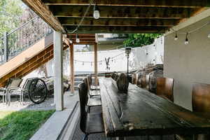 View of patio featuring a wooden deck and outdoor dining space