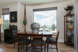Dining space featuring light wood-style floors and baseboards