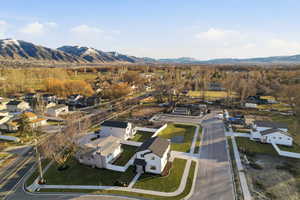 Aerial view of residential area with mountains