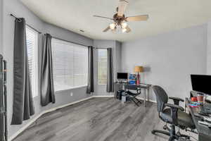 Home office with plenty of natural light, light wood-type flooring, and a ceiling fan