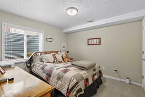 Bedroom featuring light colored carpet and a textured ceiling