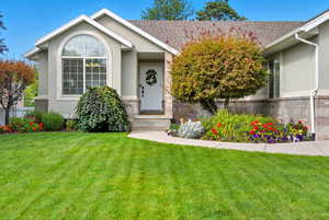 Ranch-style home with a front yard, stucco siding, and roof with shingles