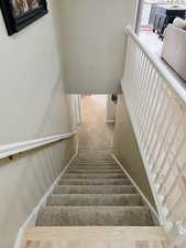 Staircase with carpet floors and baseboards