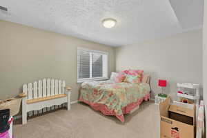 Carpeted bedroom featuring a textured ceiling and baseboards