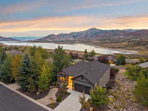 Aerial view at dusk of a water and mountain view
