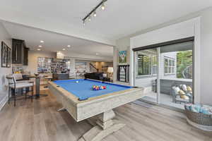 Rec room featuring billiards table, light wood finished floors, and recessed lighting