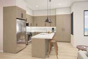 Kitchen with appliances with stainless steel finishes, decorative backsplash, a kitchen breakfast bar, decorative light fixtures, and an island with sink