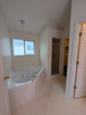 Bathroom featuring a shower stall, a tub with jets, and a spacious closet