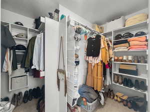 Walk in closet featuring light colored carpet