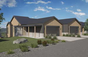 Modern inspired farmhouse featuring driveway, a garage, a metal roof, and a front yard