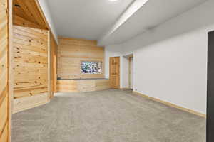 Bonus room featuring wood walls and carpet