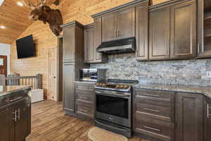 Kitchen with dark brown cabinetry, stainless steel appliances, vaulted ceiling, wooden walls, and under cabinet range hood