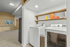 Laundry room with wooden walls, light carpet, and washer and clothes dryer