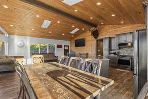 Dining space with dark wood finished floors, a skylight, high vaulted ceiling, wooden walls, and a wood ceiling with exposed beams
