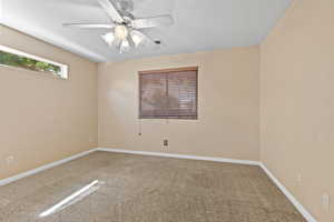 Spare room with carpet flooring, ceiling fan, and a textured ceiling